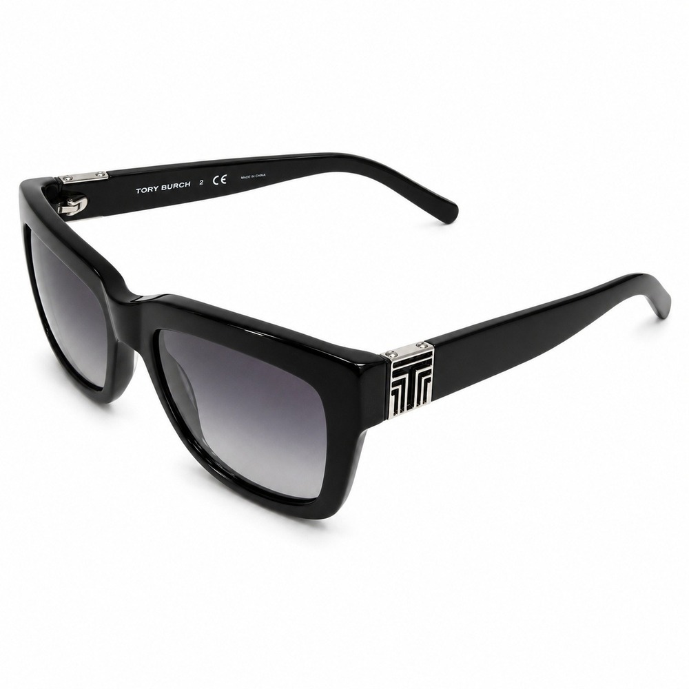 Tory Burch Sunglasses Square Black TY 7075 Silver Logo Grey Gradient Lens